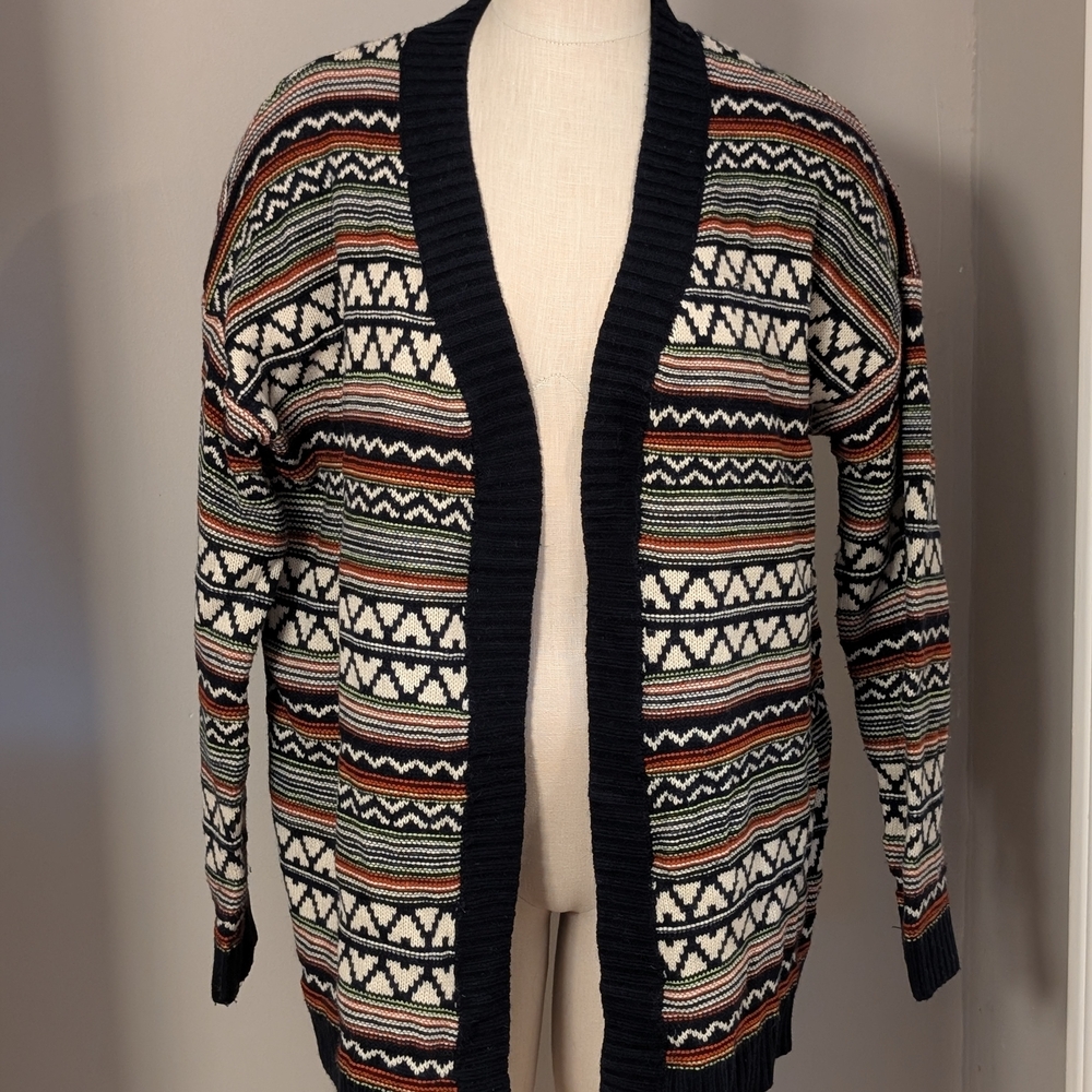 Long Geometric Duster Cardigan - Navy, White, Red, Green
